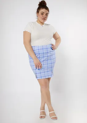 Plus Blue Plaid Print Double Slit Skirt