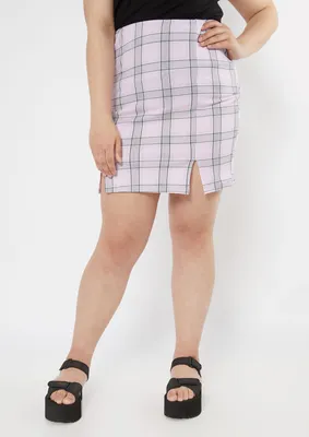 Plus Pale Pink Plaid Double Slit Mini Skirt