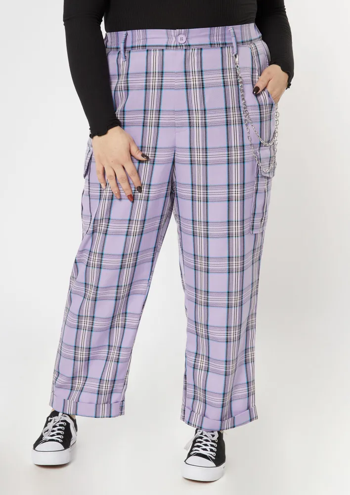 Purple Plaid Pants With Detachable Chain