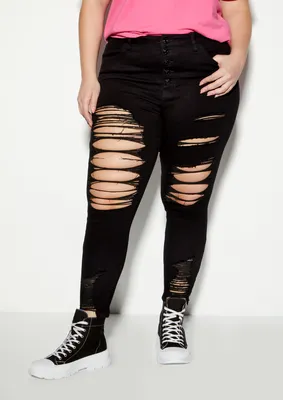 Plus Black High Rise Exposed Button Ripped Jeggings