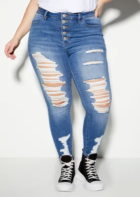 Plus Medium Wash High Rise Exposed Button Ripped Jeggings