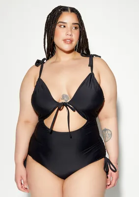Plus Black Ruched Tie Front One Piece Swimsuit