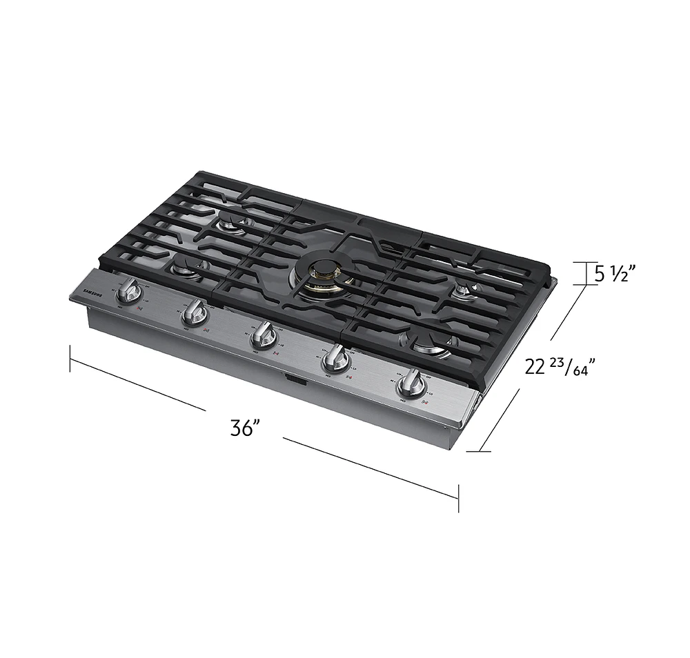 36" 5-Burner Smart Gas Cooktop with 22K BTU Dual Power Burner + Griddle & Wok Grate | Samsung Canada