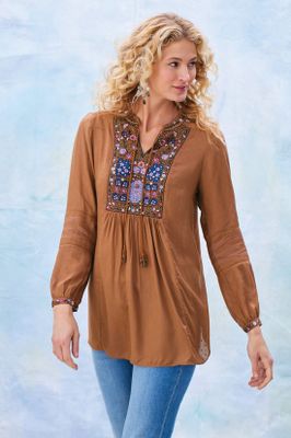 Soft Surroundings Shirt Womens Extra Large XL Brown Tunic Lace Embroidered  Top - Energy & Water SETA