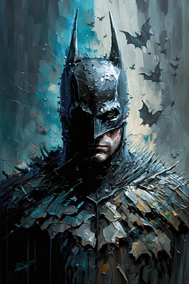 Midknight Guardian | Enigmatic Palette Knife Portrait Night Vigilante Deep Blue & Bats Digital Artwork Comic Book Hero’s Wall Art