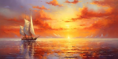 Horizon Voyage | Sunset Abstract Art Ship Painting Ocean Landscape Digital Canvas Prints Metal Wall