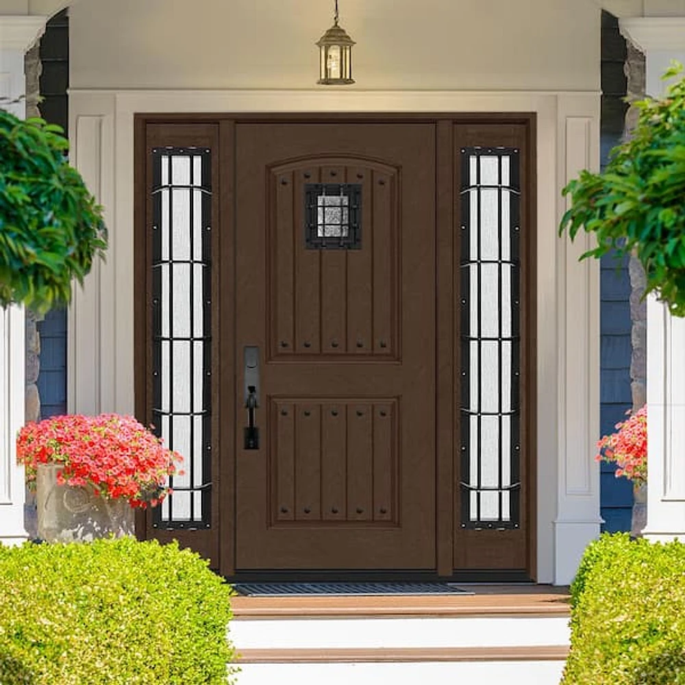 Steves & Sons Regency 68 in. x 80 in. 2Panel Plank Cavalier Speakeasy RHIS Hickory Fiberglass Prehung Front Door w/Cav Dbl 14in.SL