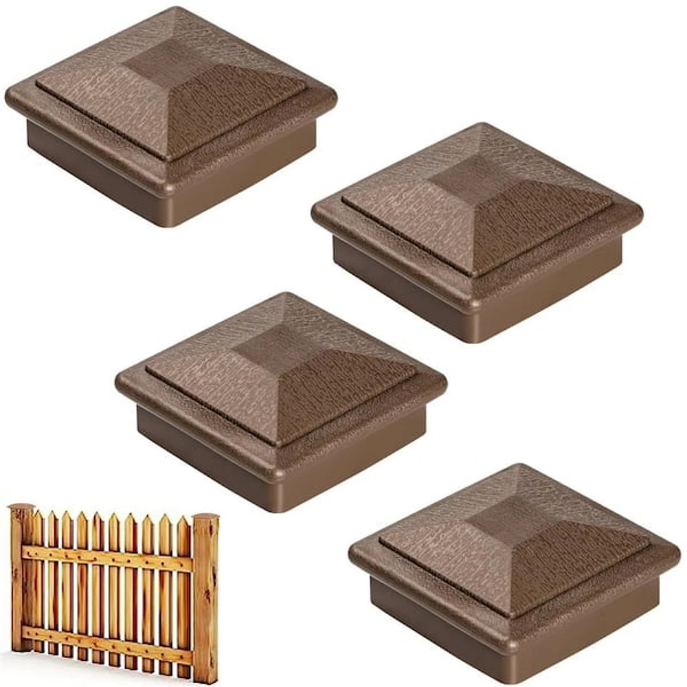 Angel Sar 3.5 in. x 3.5 in. Brown Wood Fence Post Caps, Keep Post from Cracking and Rotting (4-Pack)