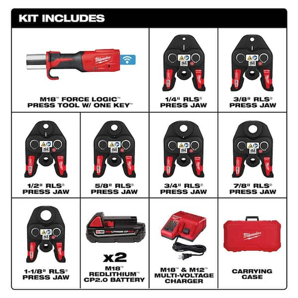 M18 18-Volt Lithium-Ion 1/2 in. to 1 in. FORCE LOGIC Long Throw Cordless Press Tool Kit w/ 3 Jaws, (2) 3.0 Ah Batteries