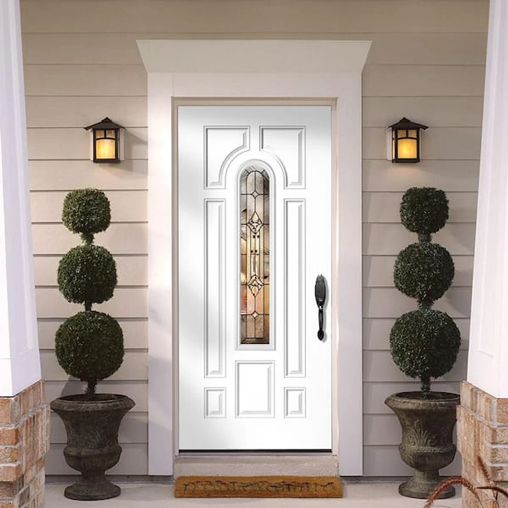 36 in. x 80 in. Providence Center Arch Primed White Right-Hand Inswing Steel Prehung Front Exterior Door with Brickmold