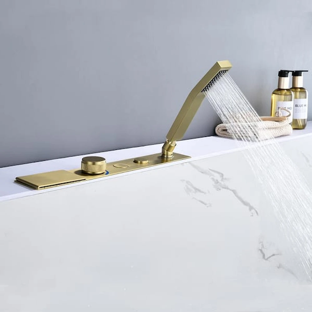 Aosspy New Model Single-Handle and Two Buttons Deck-Mount Roman Tub Faucet  with Hand Shower in Brushed Gold | The Market Place