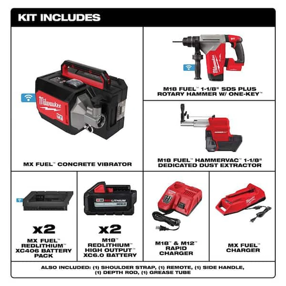 Milwaukee MX FUEL Lithium-Ion Cordless Briefcase Concrete Vibrator Kit W/M18 FUEL 1 in. SDS-Plus Rotary Hammer/Dust Extractor Kit