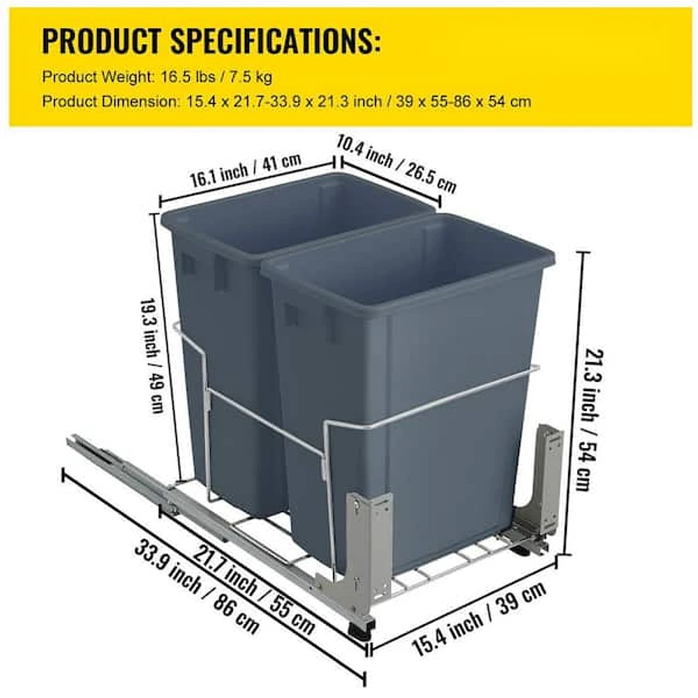 VEVOR 9 Gal. Pull-Out Trash Can 44 lbs. Load Capacity 2 Bins Under Mount  Garbage Recycling Bin with Soft-Close Slides, Grey - The Home Depot in  Tustin, CA