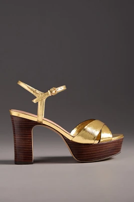 Cross-Strap Wood-Bottom Platform Heels