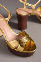Cross-Strap Wood-Bottom Platform Heels