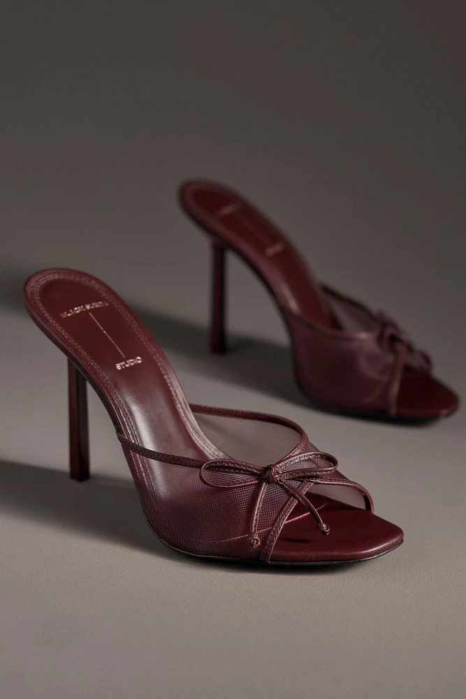 Black Suede Studio Luna Mesh Bow Open-Toe Heeled Mules