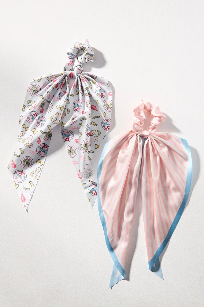 Frasier Sterling Italian Dinner Printed Satin Hair Scarf Scrunchies, Set of 2