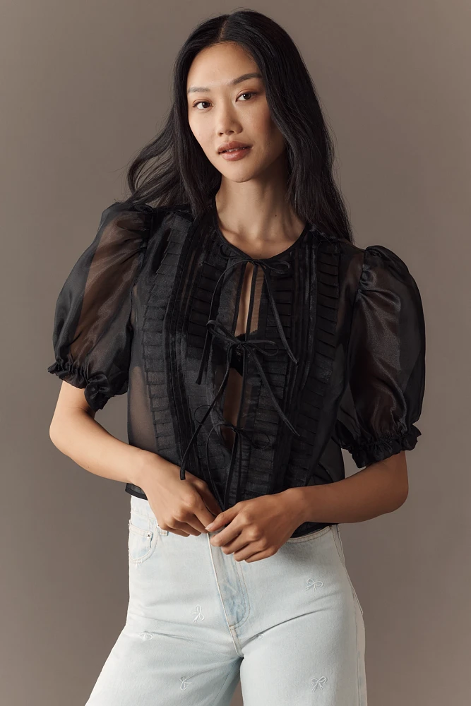 MABLE Sheer Tie-Front Puff-Sleeve Blouse