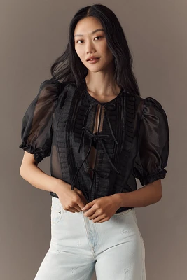 MABLE Sheer Tie-Front Puff-Sleeve Blouse