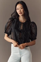 MABLE Sheer Tie-Front Puff-Sleeve Blouse