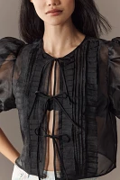 MABLE Sheer Tie-Front Puff-Sleeve Blouse