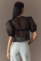 MABLE Sheer Tie-Front Puff-Sleeve Blouse