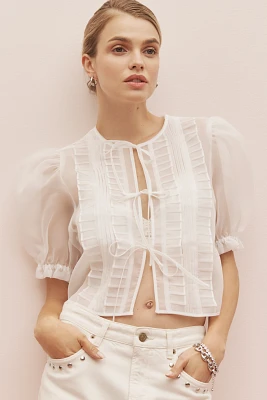 MABLE Sheer Tie-Front Puff-Sleeve Blouse
