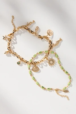 Beaded Charm Anklets, Set of 2