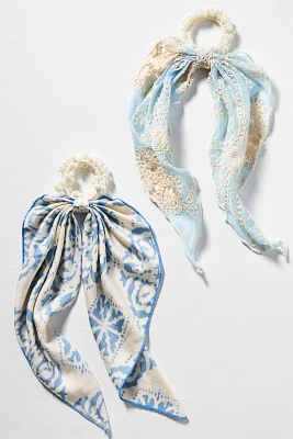 Printed Scarf Pearl Hair Scrunchies, Set of 2
