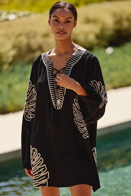 By Anthropologie Linen Blend Long-Sleeve Palm Leaf Embellished Mini Kaftan