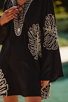 By Anthropologie Linen Blend Long-Sleeve Palm Leaf Embellished Mini Kaftan