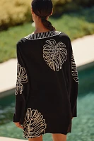 By Anthropologie Linen Blend Long-Sleeve Palm Leaf Embellished Mini Kaftan