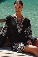 By Anthropologie Linen Blend Long-Sleeve Palm Leaf Embellished Mini Kaftan
