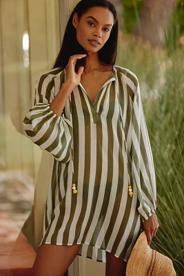Maeve Long-Sleeve Tie-Neck Mini Kaftan