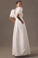 Watters Bungalow Puff-Sleeve Deep-V Taffeta Maxi Dress