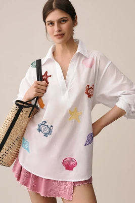 Romi Basha Long-Sleeve Embroidered Seashell Tunic Top