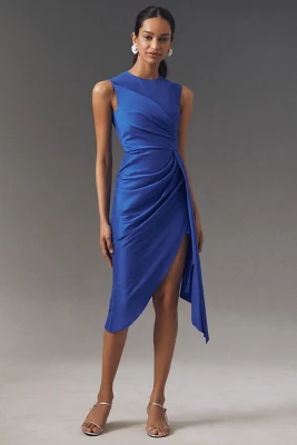 Shoshanna Colony Sleeveless Asymmetrical Draped Taffeta Midi Dress