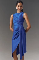 Shoshanna Colony Sleeveless Asymmetrical Draped Taffeta Midi Dress