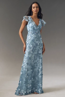 Mac Duggal Flutter-Sleeve Formal Appliqué Maxi Dress