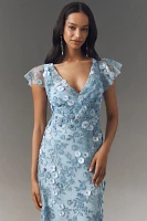 Mac Duggal Flutter-Sleeve Formal Appliqué Maxi Dress