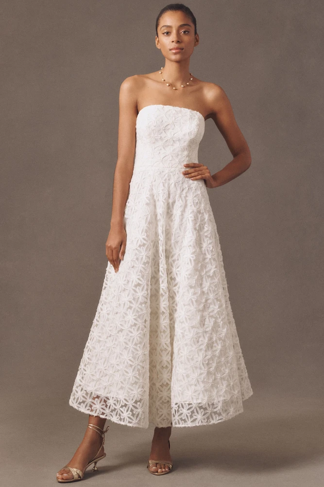 Shoshanna Miller Strapless Embroidered Lace A-Line Midi Dress