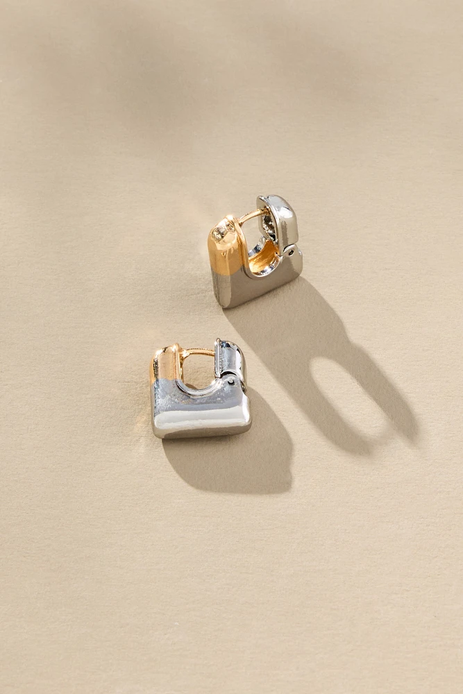 Two-Tone Square Huggie Hoop Earrings