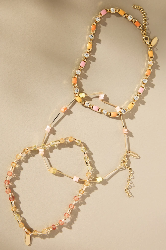 Stone & Crystal Anklets, Set of 3