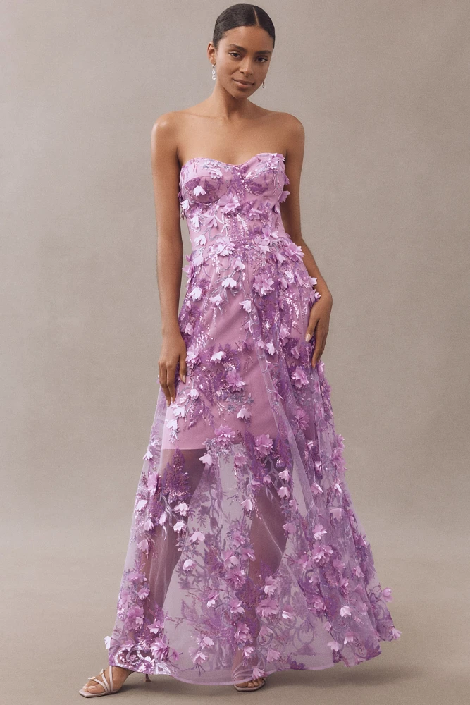 Dress The Population Melissa Strapless Sequin Floral Appliqué Maxi