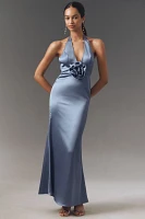 Mac Duggal Halter Rosette Satin Slip Maxi Dress