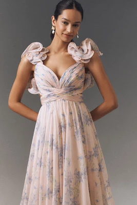 Mac Duggal Ruffle-Sleeve V-Neck Tiered Chiffon Maxi Dress