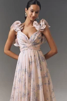 Mac Duggal Ruffle-Sleeve V-Neck Tiered Chiffon Maxi Dress
