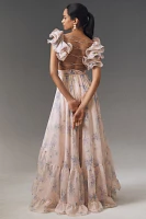 Mac Duggal Ruffle-Sleeve V-Neck Tiered Chiffon Maxi Dress
