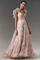 Mac Duggal Ruffle-Sleeve V-Neck Tiered Chiffon Maxi Dress