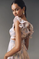 Mac Duggal Ruffle-Sleeve V-Neck Tiered Chiffon Maxi Dress